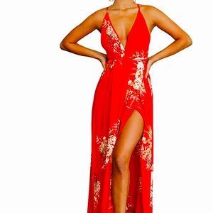 Strap Floral Print Lace Up Backless Deep V Neck Sexy Split Beach Maxi Dress
